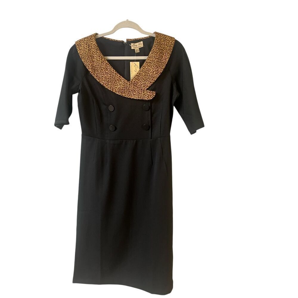 Lindy Bop black fitted dress w/animal print collar sz Large NWT